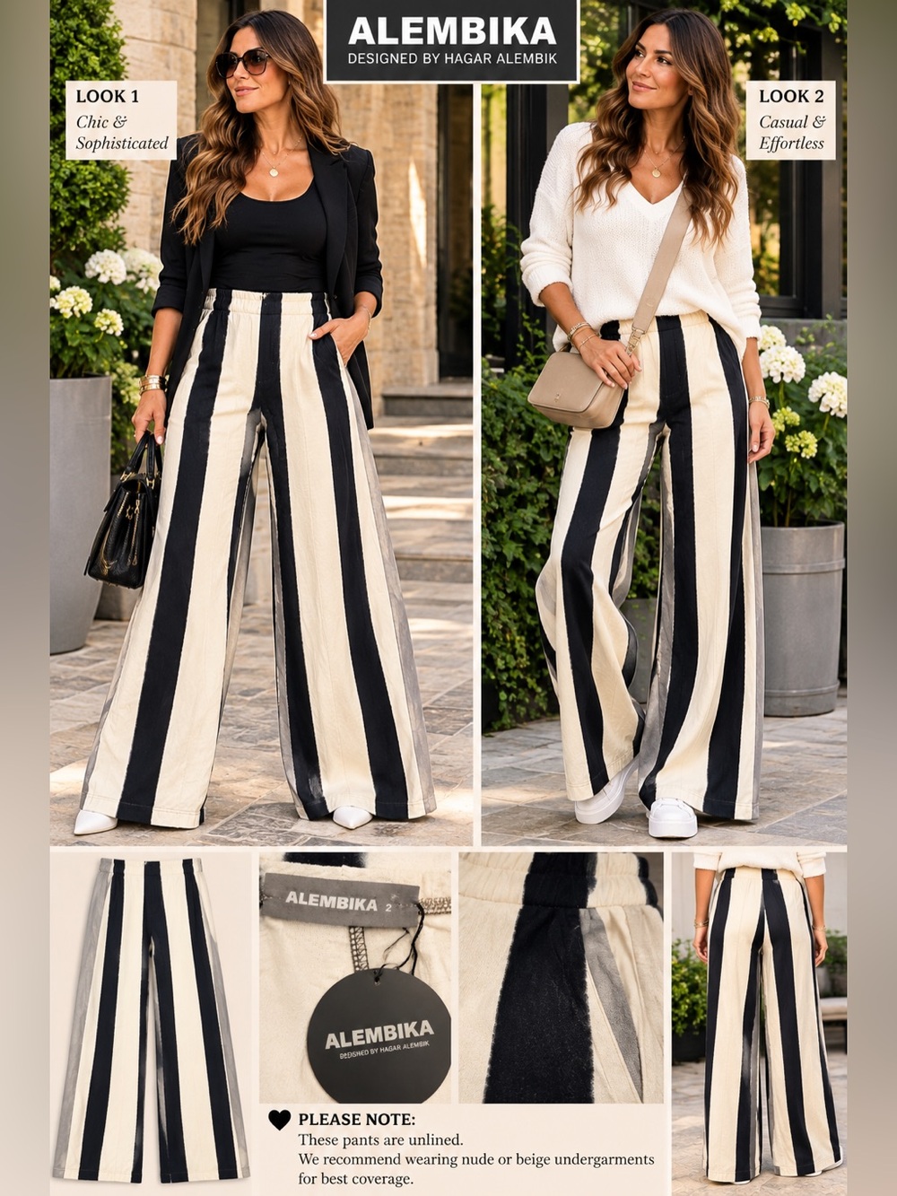 ALEMBIKA Black & Cream Wide-Leg Striped Pants